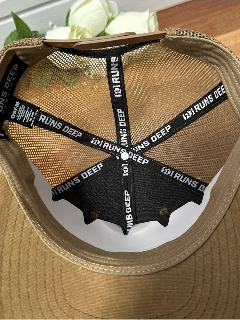 Men’s Tan Trucker Cap with American Flag Patch